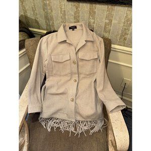 Laundry by Shelli Segal Women's Fringe Shacket Long Sleeve‎ Tan Pocket Sz Small